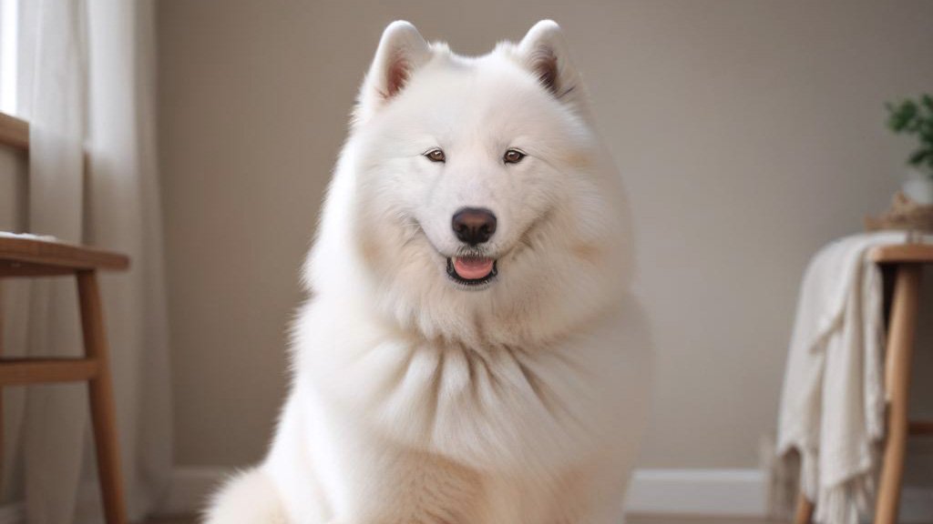 white samoyed sitting in room